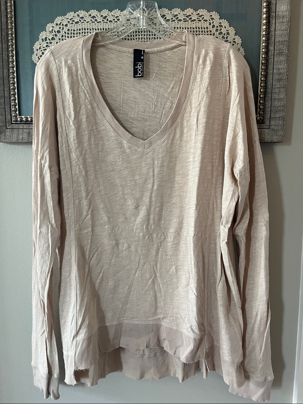bobi Lightweight V-Neck Long Sleeve Top in Beige